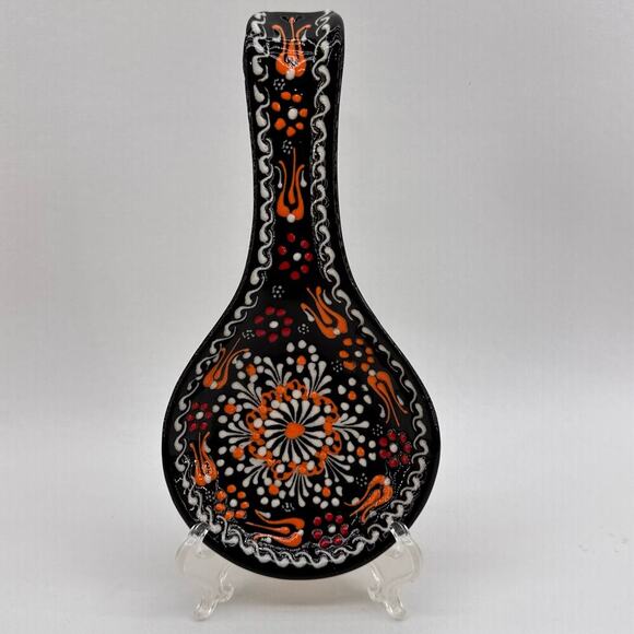 Hand Painted Ceramic Turkish Spoon Rest Black Orange Red Made in Turkey - Picture 1 of 8